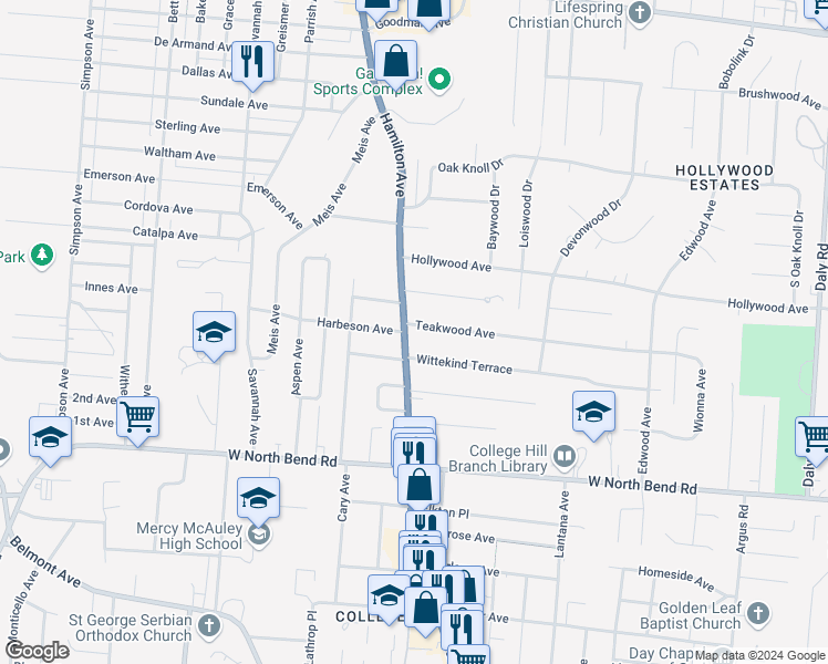 map of restaurants, bars, coffee shops, grocery stores, and more near 6348 Hamilton Avenue in Cincinnati