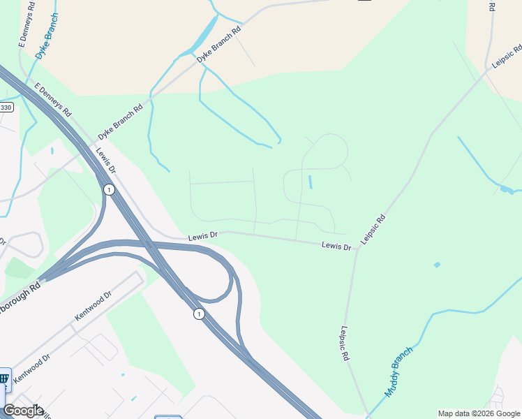 map of restaurants, bars, coffee shops, grocery stores, and more near Lewis Drive in Dover