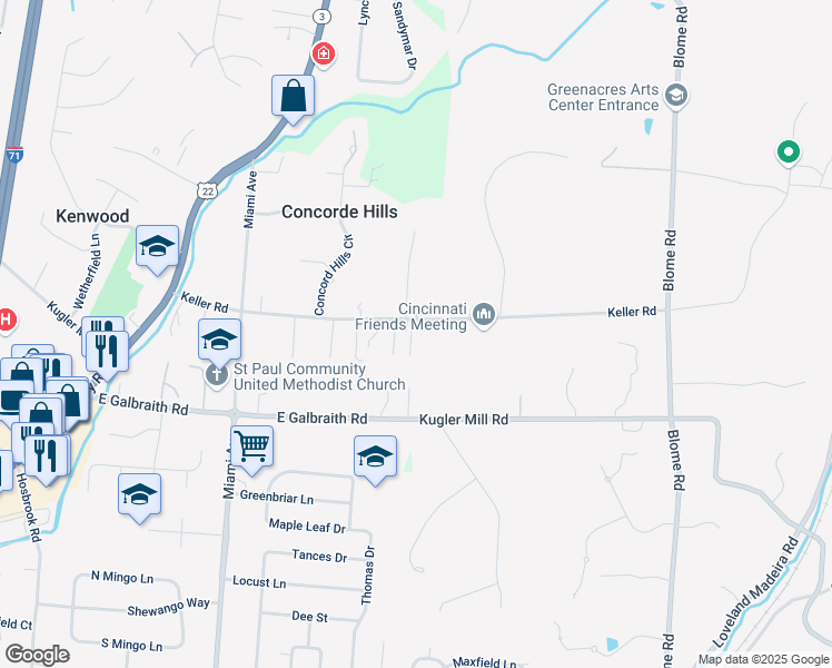 map of restaurants, bars, coffee shops, grocery stores, and more near 8039 Keller Road in Cincinnati