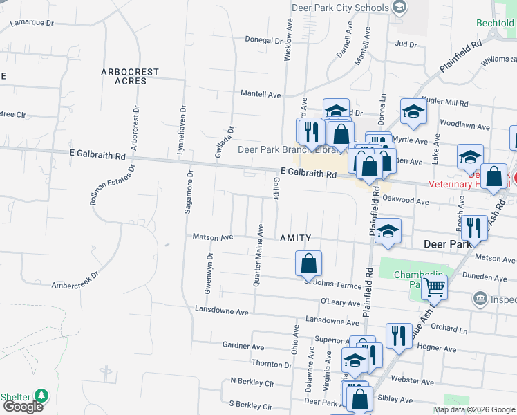 map of restaurants, bars, coffee shops, grocery stores, and more near 7837 Quarter Maine Avenue in Cincinnati