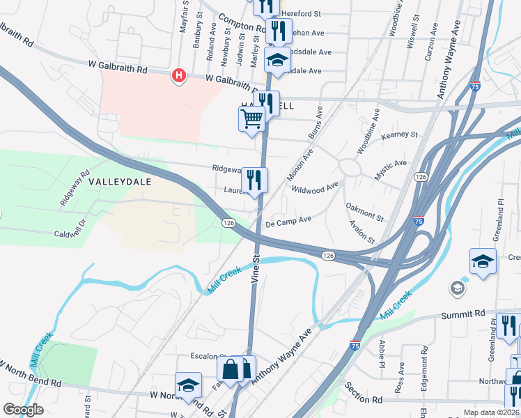 map of restaurants, bars, coffee shops, grocery stores, and more near 14 De Camp Avenue in Cincinnati