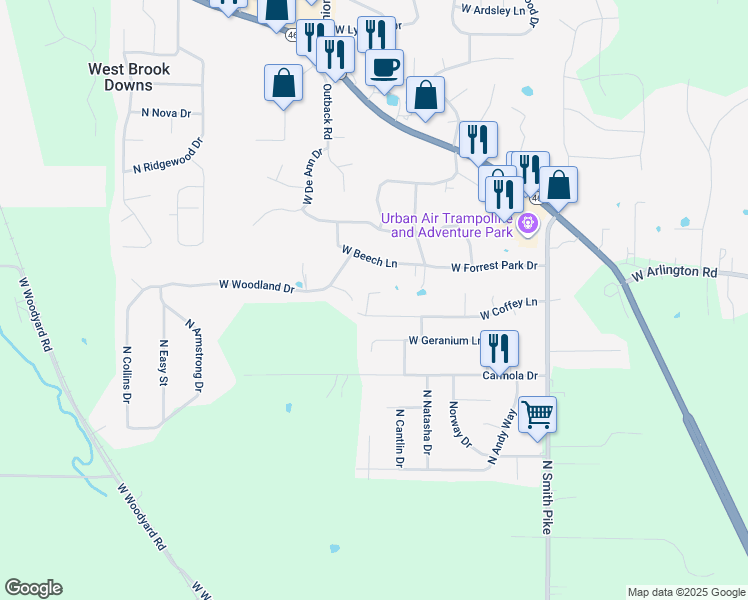 map of restaurants, bars, coffee shops, grocery stores, and more near 3400-3498 N Jeralie Ct in Bloomington