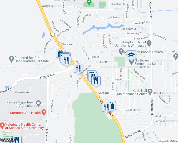 map of restaurants, bars, coffee shops, grocery stores, and more near 810 Griffith Drive in Manhattan