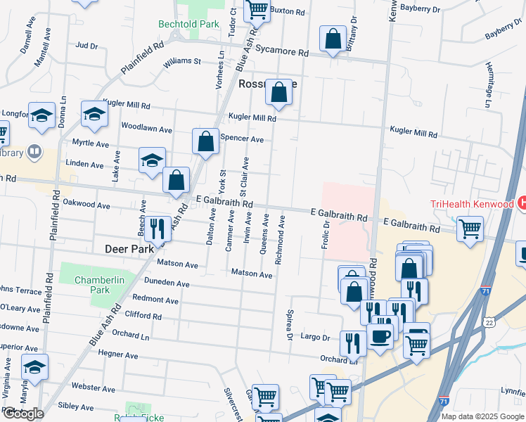 map of restaurants, bars, coffee shops, grocery stores, and more near 4545 East Galbraith Road in Cincinnati