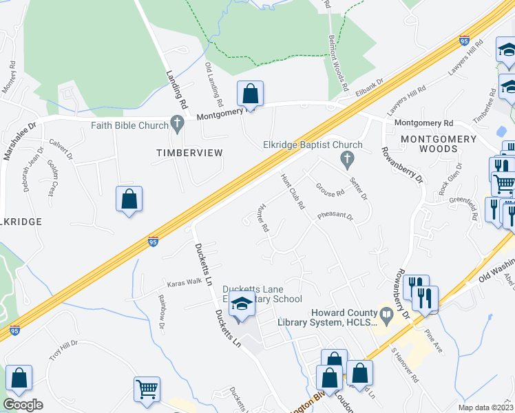 map of restaurants, bars, coffee shops, grocery stores, and more near 6664 Hunter Road in Elkridge
