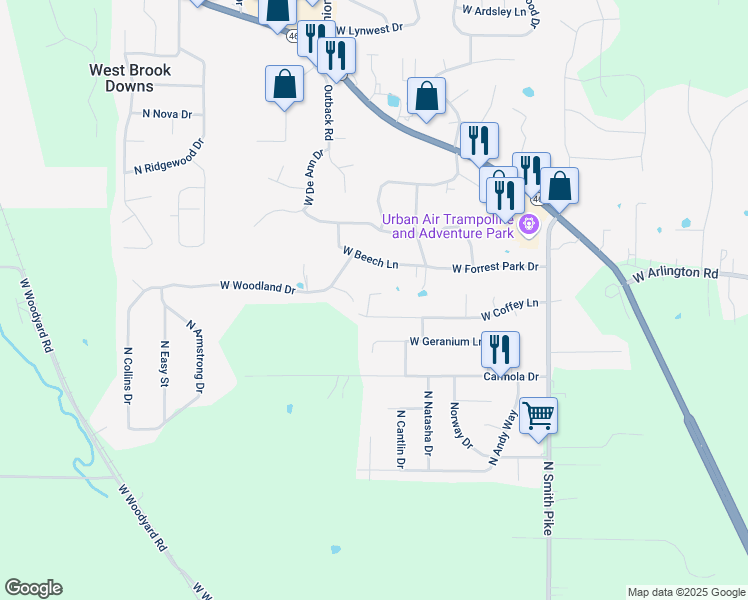 map of restaurants, bars, coffee shops, grocery stores, and more near 3400-3498 N Jeralie Ct in Bloomington