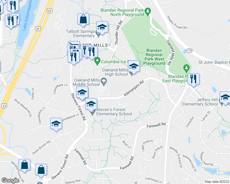 map of restaurants, bars, coffee shops, grocery stores, and more near 9506 Kilimanjaro Road in Columbia
