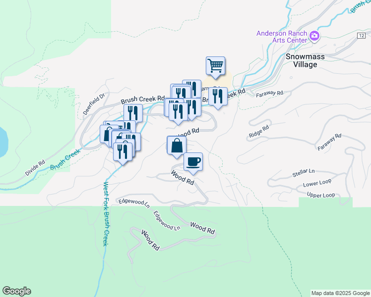 map of restaurants, bars, coffee shops, grocery stores, and more near 400 Wood Road in Aspen