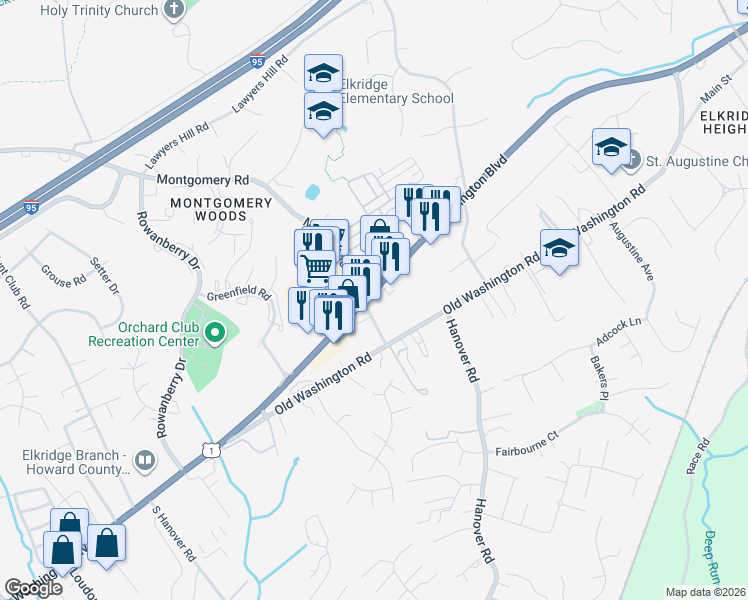 map of restaurants, bars, coffee shops, grocery stores, and more near 6295 Washington Boulevard in Elkridge