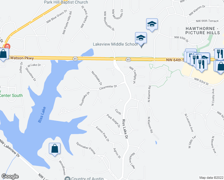 map of restaurants, bars, coffee shops, grocery stores, and more near 8025 Clearwater Drive in Parkville