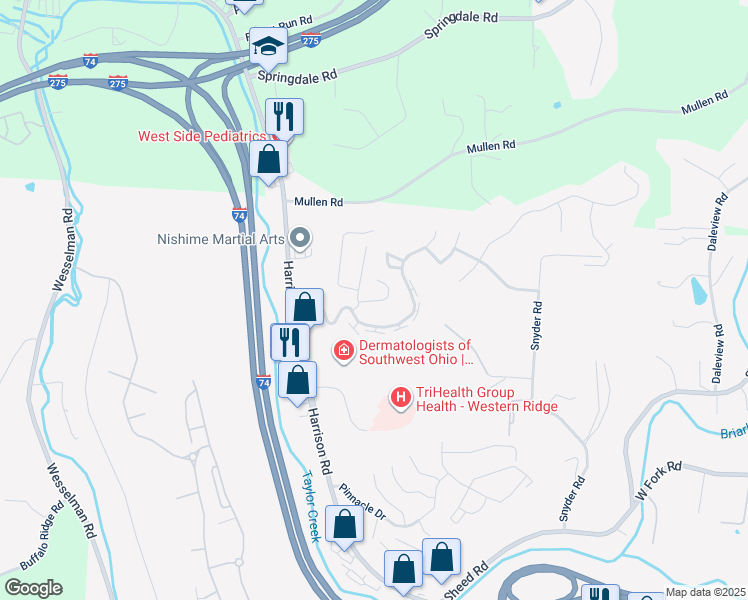 map of restaurants, bars, coffee shops, grocery stores, and more near 5557 Twin Lakes Court in Cincinnati