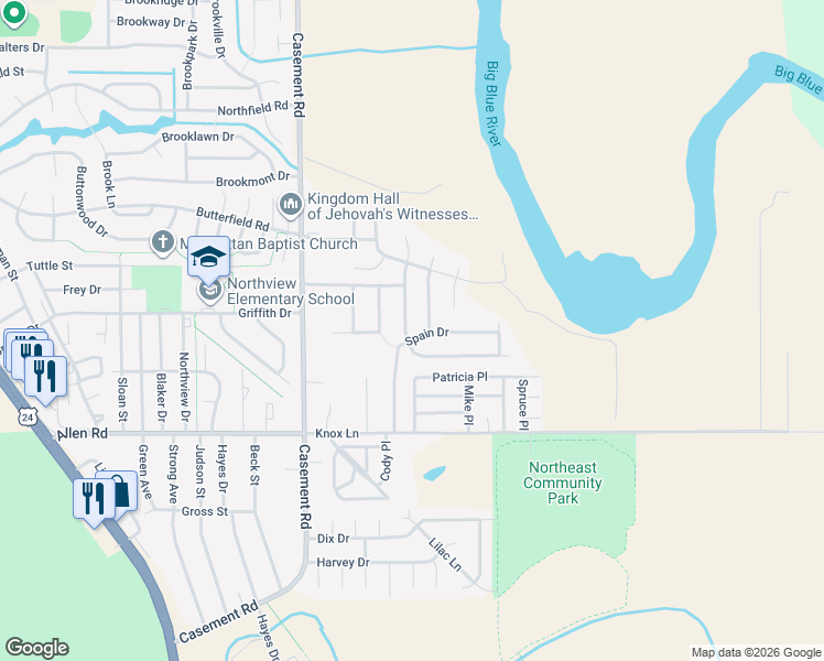 map of restaurants, bars, coffee shops, grocery stores, and more near 2207 Spain Drive in Manhattan