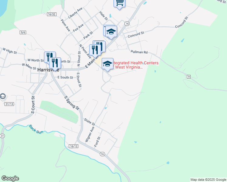map of restaurants, bars, coffee shops, grocery stores, and more near 302 Mykayla Lane in Harrisville