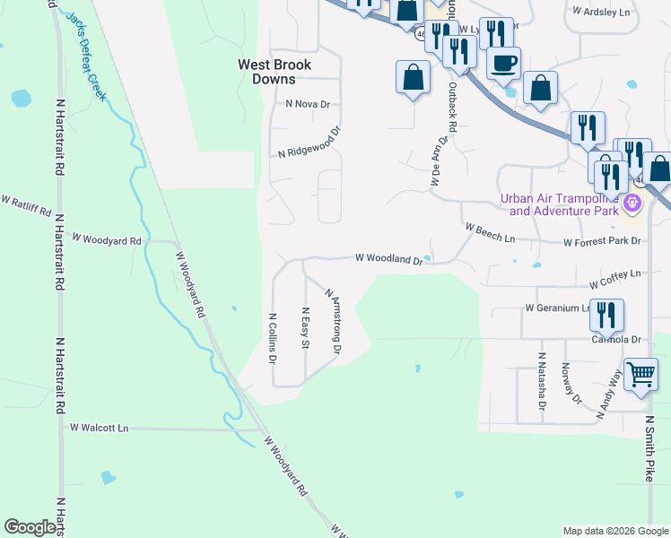 map of restaurants, bars, coffee shops, grocery stores, and more near 4975 West Woodland Drive in Bloomington
