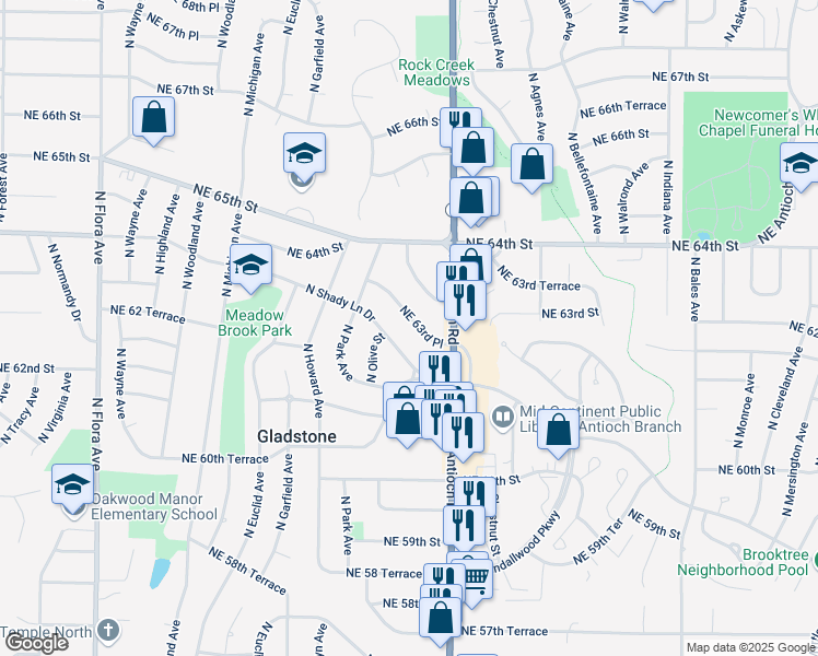 map of restaurants, bars, coffee shops, grocery stores, and more near 2400 Northeast Shady Lane Drive in Kansas City