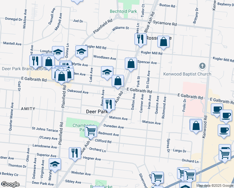 map of restaurants, bars, coffee shops, grocery stores, and more near 4332 Oakwood Avenue in Cincinnati