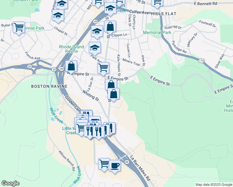 map of restaurants, bars, coffee shops, grocery stores, and more near 150 Stacey Lane in Grass Valley