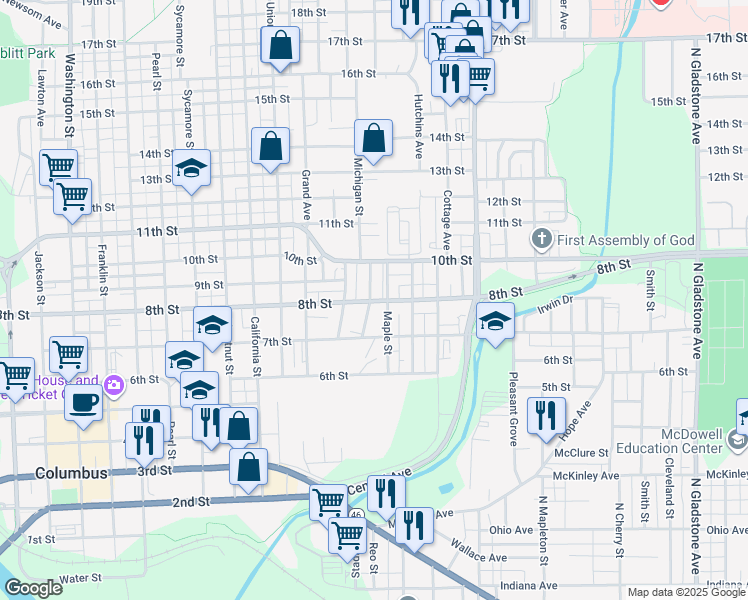 map of restaurants, bars, coffee shops, grocery stores, and more near 741 8th Street in Columbus