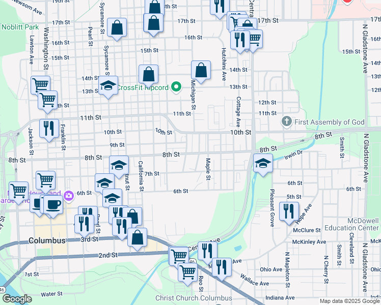 map of restaurants, bars, coffee shops, grocery stores, and more near 741 Reed Street in Columbus