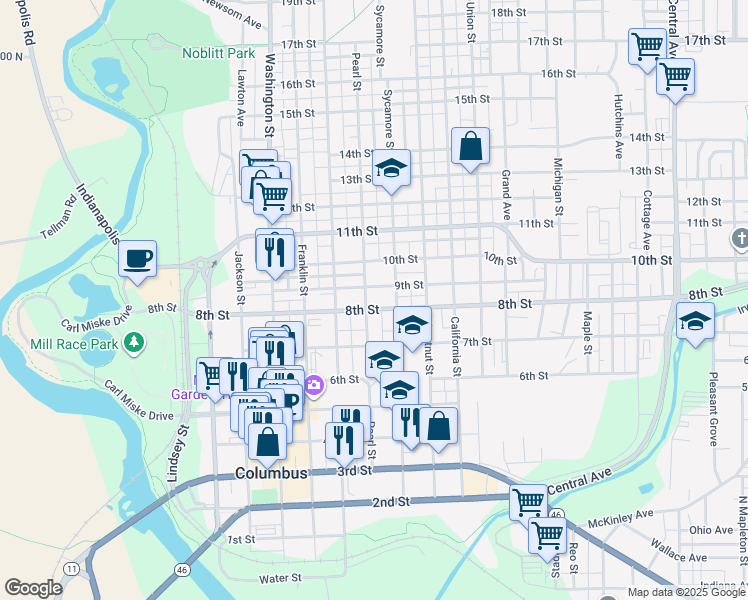 map of restaurants, bars, coffee shops, grocery stores, and more near 803 Pearl Street in Columbus