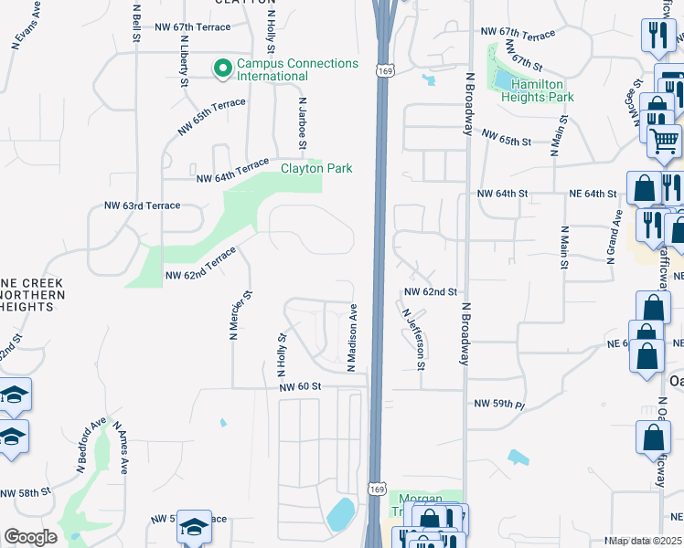 map of restaurants, bars, coffee shops, grocery stores, and more near 6139 North Madison Avenue in Kansas City