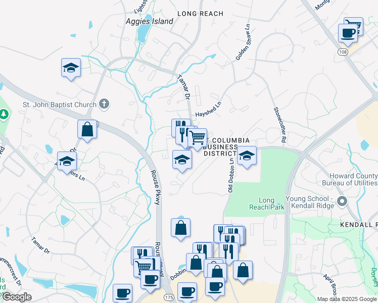 map of restaurants, bars, coffee shops, grocery stores, and more near 8775 Cloudleap Court in Columbia