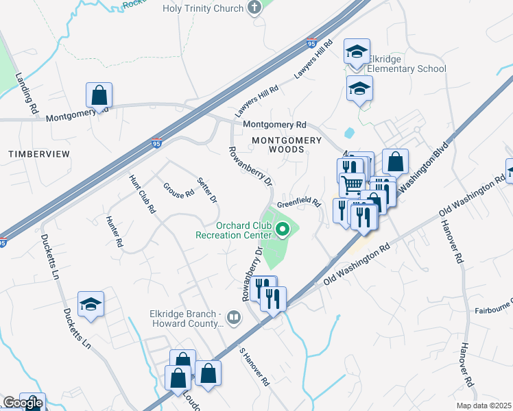 map of restaurants, bars, coffee shops, grocery stores, and more near 6221 Sandpiper Court in Elkridge