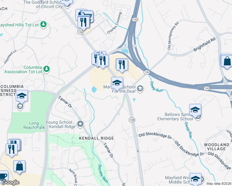 map of restaurants, bars, coffee shops, grocery stores, and more near 5940 Waterloo Road in Columbia