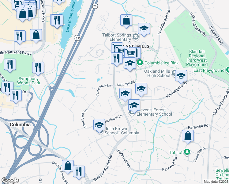 map of restaurants, bars, coffee shops, grocery stores, and more near Stevens Forest Road in Columbia