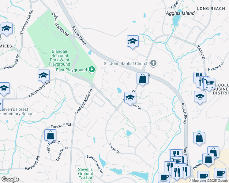 map of restaurants, bars, coffee shops, grocery stores, and more near 9149 Helaine Hamlet Way in Columbia