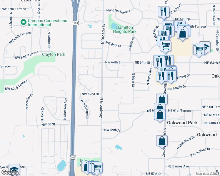 map of restaurants, bars, coffee shops, grocery stores, and more near 219 Northwest 62nd Terrace in Kansas City