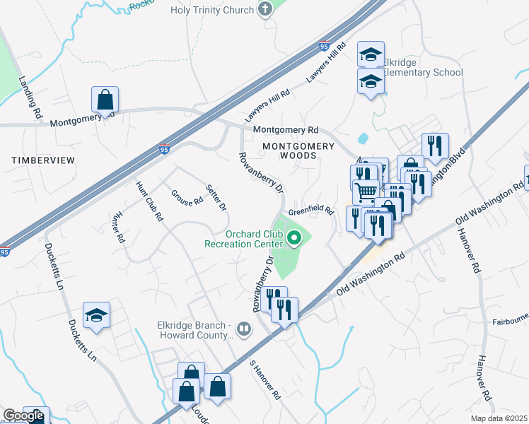 map of restaurants, bars, coffee shops, grocery stores, and more near 6221 Sandpiper Court in Elkridge