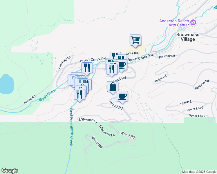 map of restaurants, bars, coffee shops, grocery stores, and more near 425 Wood Road in Aspen