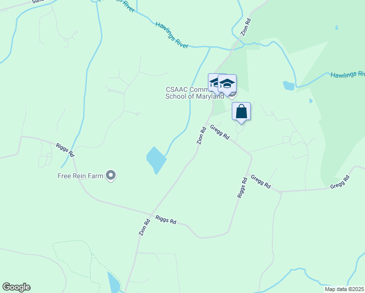 map of restaurants, bars, coffee shops, grocery stores, and more near 21310 Zion Road in Brookeville