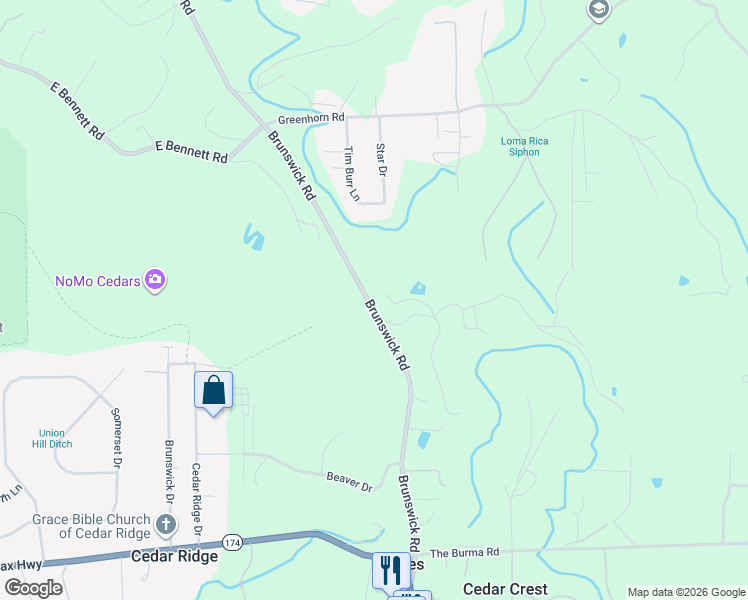 map of restaurants, bars, coffee shops, grocery stores, and more near 12730 Brunswick Road in Grass Valley