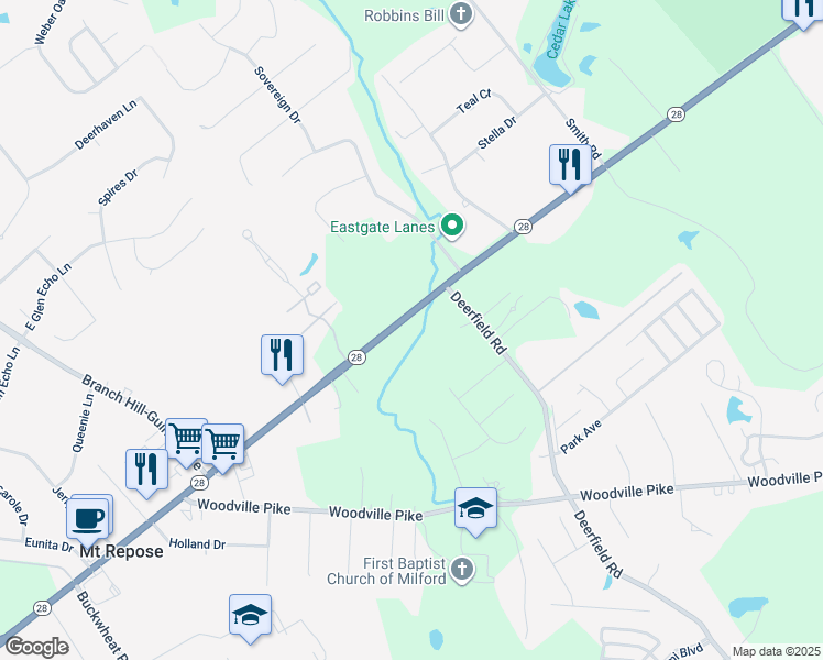 map of restaurants, bars, coffee shops, grocery stores, and more near 1365 Ohio 28 in Loveland