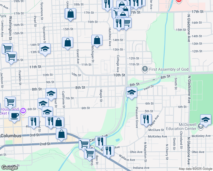 map of restaurants, bars, coffee shops, grocery stores, and more near 737 Hutchins Avenue in Columbus