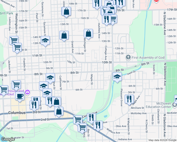 map of restaurants, bars, coffee shops, grocery stores, and more near 741 8th Street in Columbus