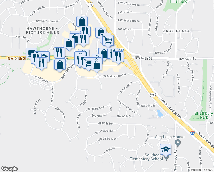 map of restaurants, bars, coffee shops, grocery stores, and more near 6150 North Chatham Avenue in Kansas City