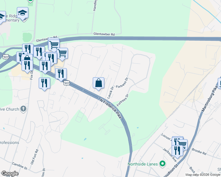map of restaurants, bars, coffee shops, grocery stores, and more near 151 Lauck Drive in Winchester