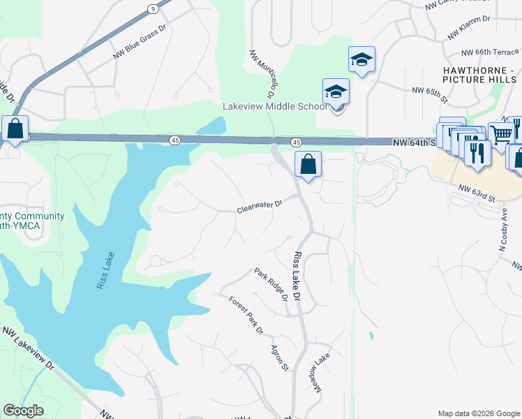 map of restaurants, bars, coffee shops, grocery stores, and more near 8025 Clearwater Drive in Parkville