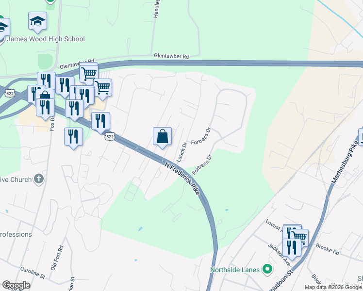 map of restaurants, bars, coffee shops, grocery stores, and more near 151 Lauck Drive in Winchester