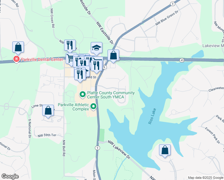 map of restaurants, bars, coffee shops, grocery stores, and more near 6112 Northwest Pineridge Road in Parkville
