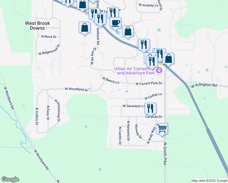 map of restaurants, bars, coffee shops, grocery stores, and more near 3498 N Jeralie Ct in Bloomington