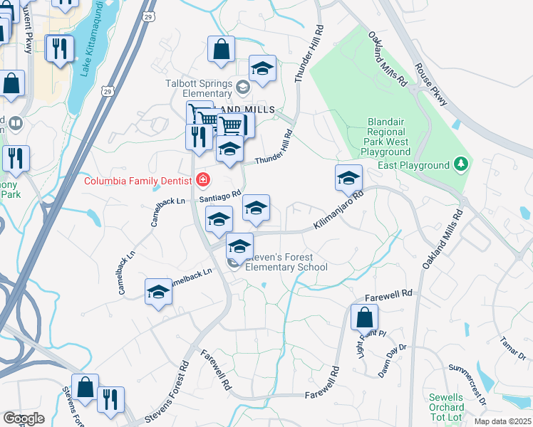 map of restaurants, bars, coffee shops, grocery stores, and more near 9540 Kilimanjaro Road in Columbia