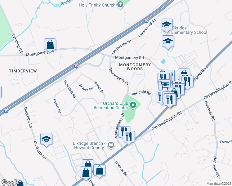 map of restaurants, bars, coffee shops, grocery stores, and more near 6368 Bayberry Court in Elkridge