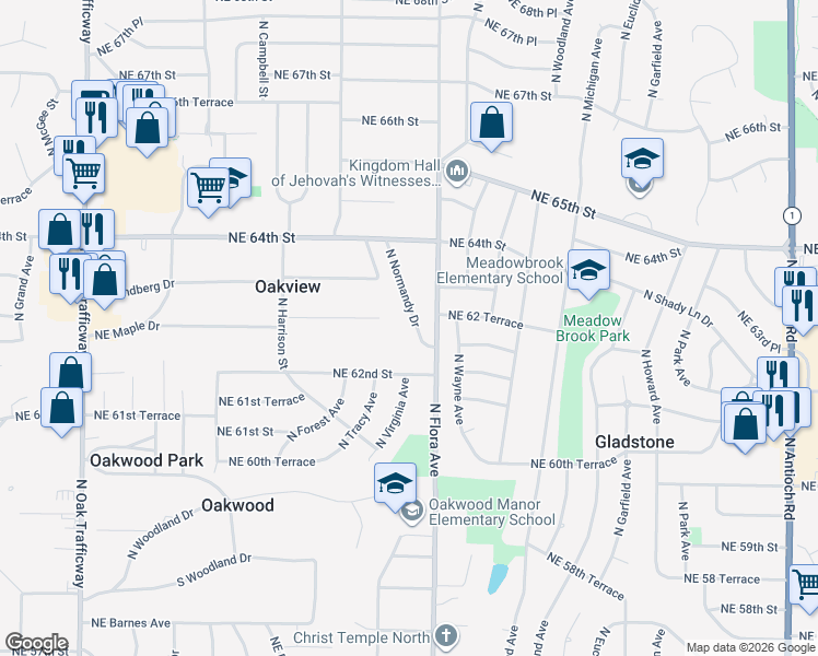 map of restaurants, bars, coffee shops, grocery stores, and more near 6220 North Normandy Drive in Kansas City