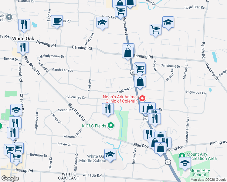 map of restaurants, bars, coffee shops, grocery stores, and more near 3111 Lapland Drive in Cincinnati
