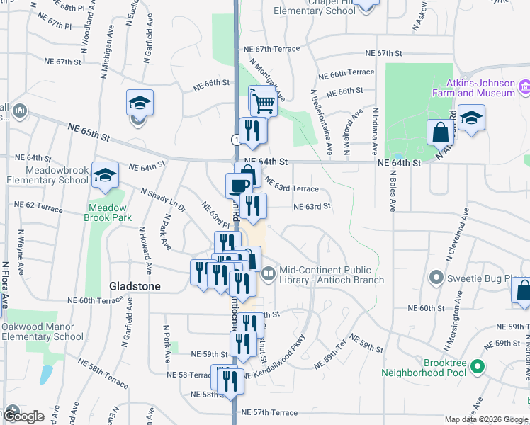 map of restaurants, bars, coffee shops, grocery stores, and more near 130 The Woodlands in Kansas City