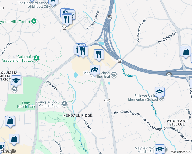 map of restaurants, bars, coffee shops, grocery stores, and more near 5940 Waterloo Road in Columbia